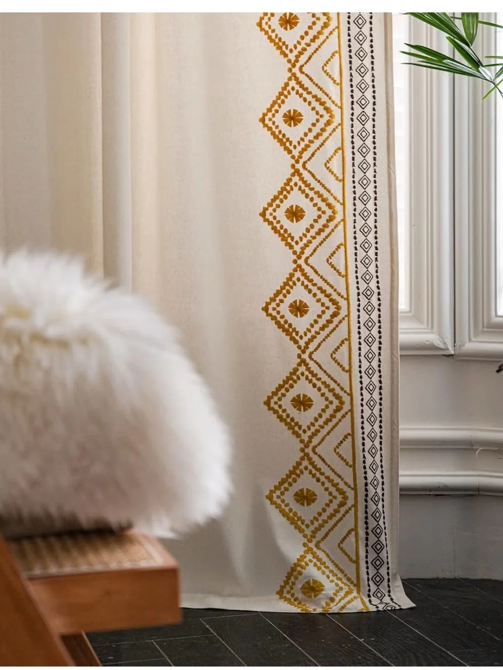 White Curtain Panel with Mustard Embroidered Border - Opalhouse for Target 96”